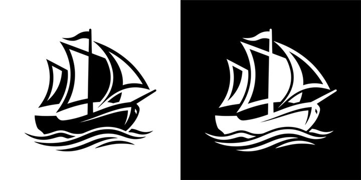 Minimalist black and white vector icons of a sailing ship on waves.