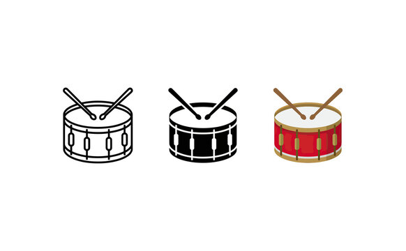 Minimalist drum icon set with outline, silhouette, and flat vector designs
