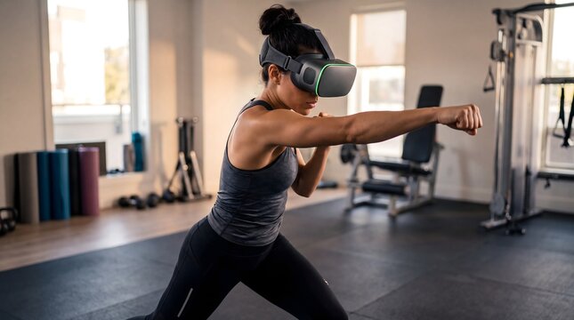 Engaged woman exercising with advanced VR Glasses - Futuristic VR Headset, experiencing an immersive virtual reality workout session in a modern home gym