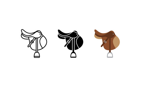 Minimalist Horse Saddle Icons Set in Outline, Silhouette, and Color Styles