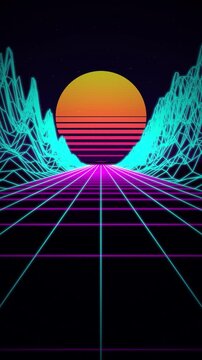 80s synthwave grid road neon mountain sunrise seamless loop background