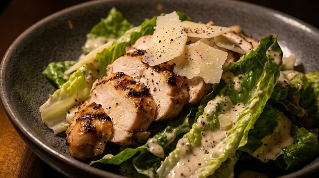 Grilled chicken caesar salad with shaved parmesan cheese and croutons served in dark ceramic bowl for restaurant menu ads