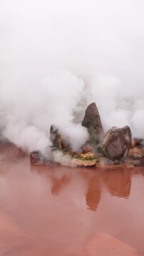Umi Jigoku, (Sea hell), Kannawa district, Beppu City, Beppu Jigoku, Japan, steaming hot spring pond at Hells of Beppu tour, Oita Prefecture, Kyushu Island, vivid mineral colored geothermal water