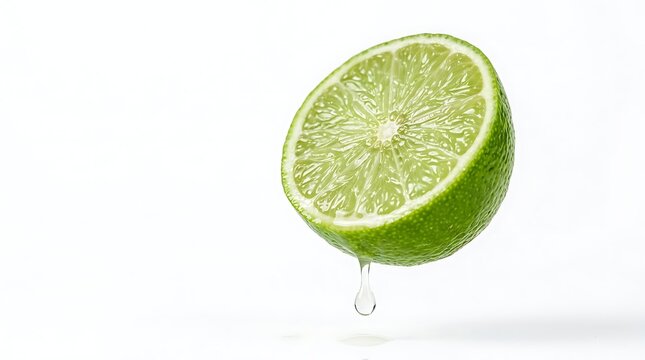 Fresh Green Lime Half with Droplet Falling From Juicy Edge