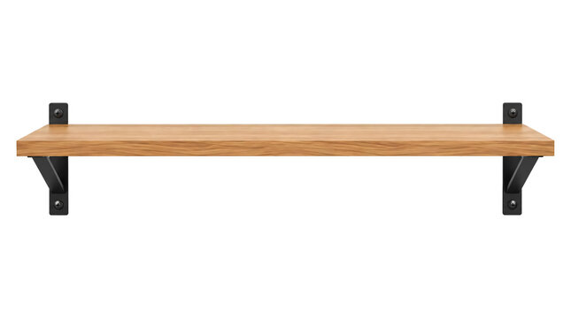 Empty wooden shelf with wall mounting isolated on transparent background