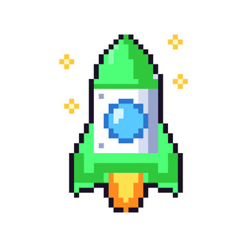 Pixel art rocket ship graphic featuring green and white colors with glowing yellow sparkles against a clean white background for digital space game concepts.