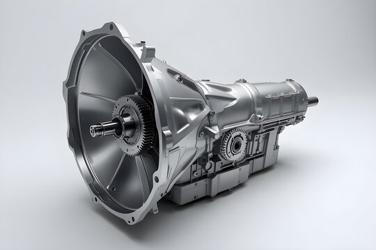 Professional studio photograph of a highly detailed automotive car transmission