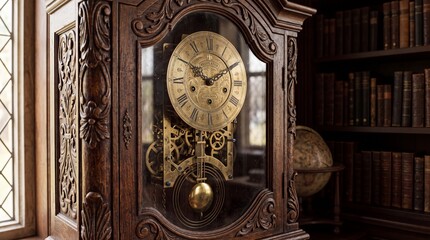 Antique ornate wooden mechanical wall clock with visible brass gears and pendulum in a library with intricate carvings exposed brass clockwork mechanisms © Tahseen