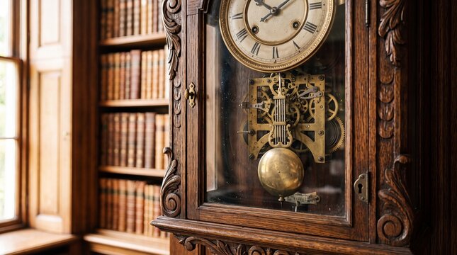 Antique wooden wall clock with visible internal brass gears and pendulum inside a home library with mechanism hangs beside beside shelves filled ornate wooden