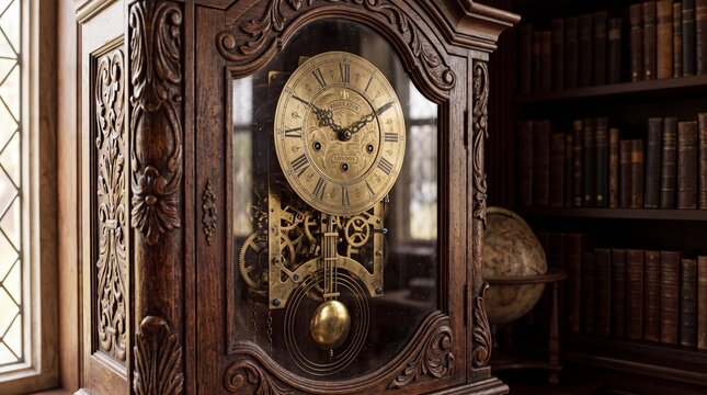 Antique ornate wooden mechanical wall clock with visible brass gears and pendulum in a library with intricate carvings exposed brass clockwork mechanisms