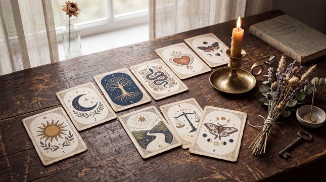 Eight numbered divination cards with mystical symbols arranged on a rustic wooden table with candle with illustrated cards