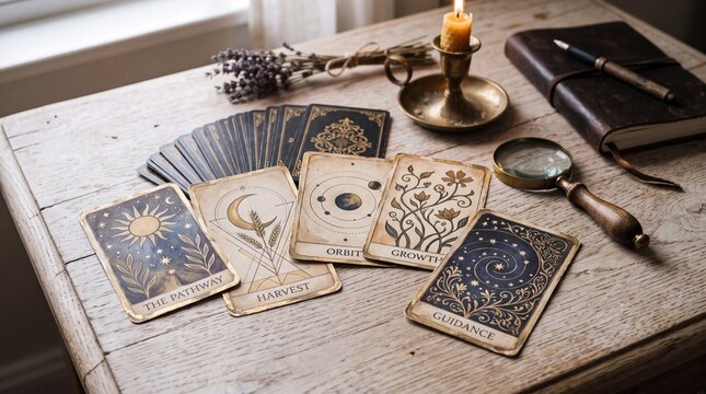 Illustrated oracle cards with symbolic drawings laid out on a rustic wooden table for divination with symbols arranged textured celestial nature symbols