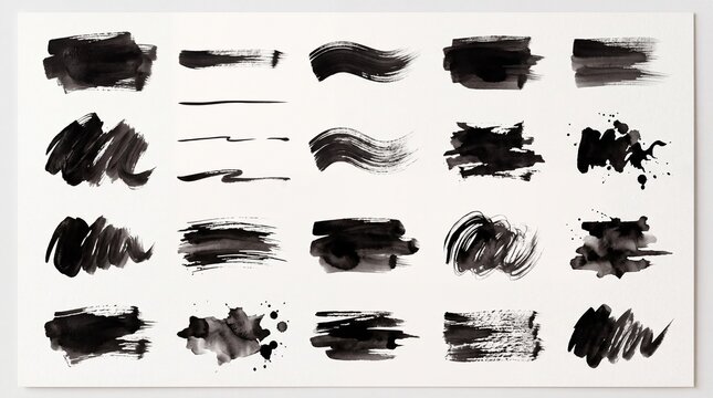 A collection of various black ink brush strokes and artistic paint marks on white paper with arranged white background calligraphy brushstroke composition