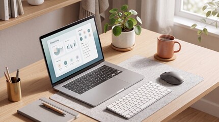 Fototapeta premium A modern home office desk with laptop productivity dashboard sits wooden desk keyboard plant professional organization technology minimalist management