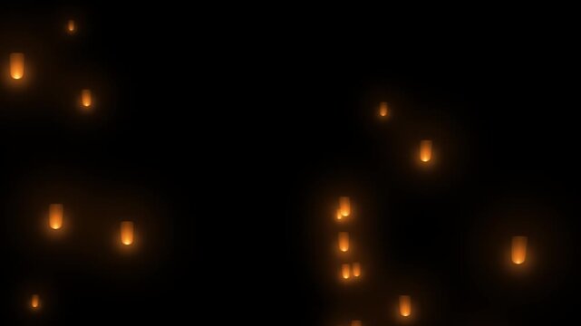 Glowing paper sky lanterns floating upward with soft halos on a black background, warm flying lantern overlay