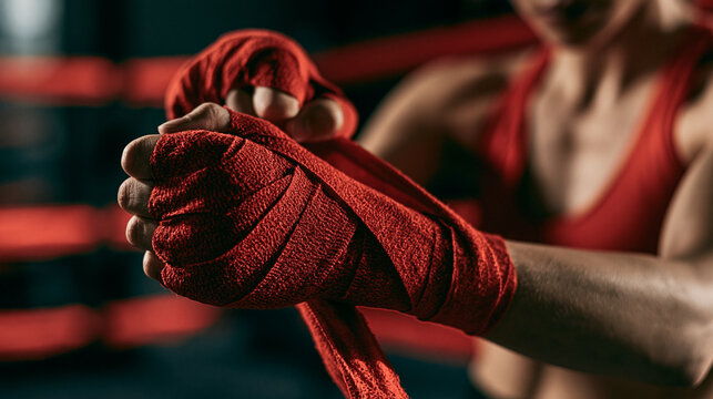 Woman fighter preparing for fight wrapping hands with red boxing wraps sports protective bandages. Strong hands ready for fight active exercise sparring workout training