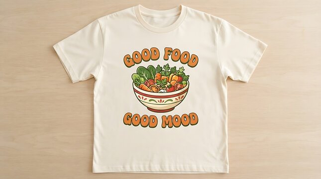 White t-shirt with colorful food bowl and text design