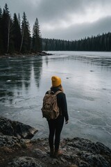 Fototapeta premium Solo female hiker with yellow beanie, backpack stands on rocky shore. Looks at frozen lake, dense pine forest under cloudy sky. Adventurer enjoys winter wilderness landscape during cold trekking trip