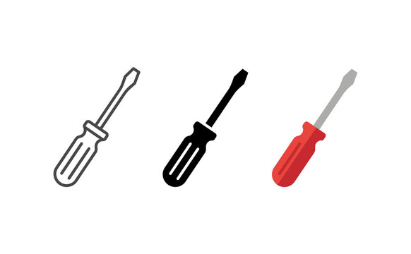 Minimalist screwdriver vector icon set in outline, solid, and flat color styles