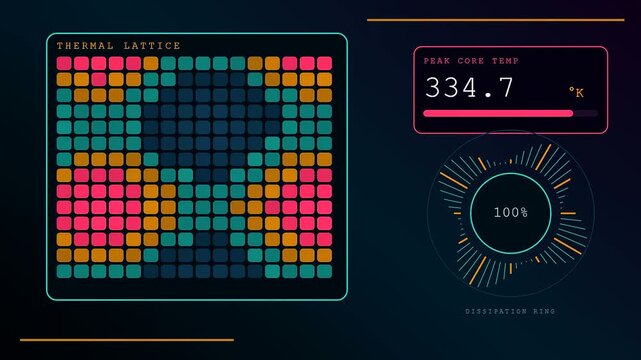 dynamic metric telemetry readout displays evolving heat map thermal lattice statistics with cooling dissipation ring feedback loops in a sequence of three interactive digital user interface screens