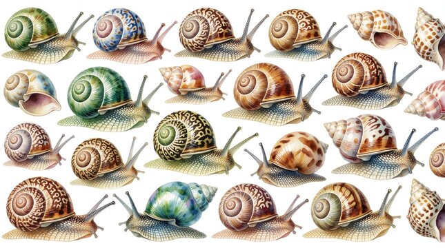 Watercolor collection of various colorful snails, seashells. Hand painted gastropod specimens with detailed spiral shells in green, brown, blue, orange colors. Isolated set of molluscs on white