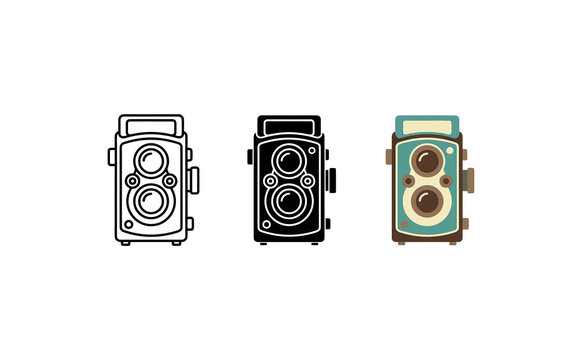 Minimalist twin lens reflex camera icons in outline, solid, and retro styles