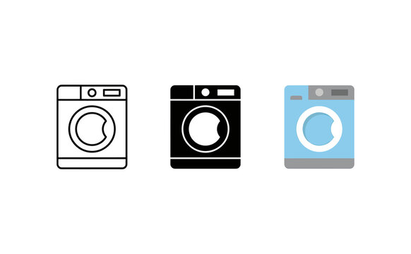 Minimalist washing machine icons set featuring outline solid and flat colored designs