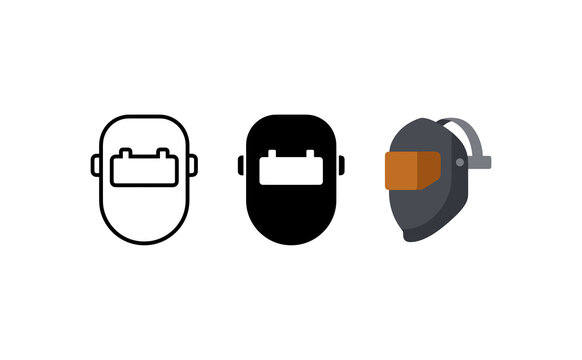 Minimalist welding helmet icon set in outline, silhouette, and flat vector styles
