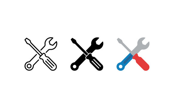 Minimalist screwdriver and wrench vector icons with three style variations