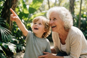 Fototapeta premium Happy senior grandmother, young grandson explore zoo together. Smiling elderly woman points at animals little boy looks up with excitement. Grandparents, kids enjoy outdoor nature walk at wildlife