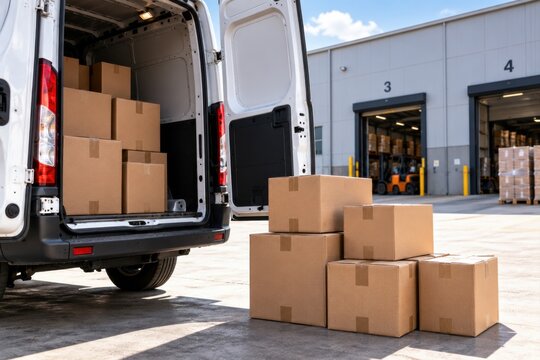 A white cargo van parked at a warehouse loading dock with several cardboard boxes being delivered.