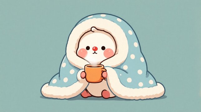 Cute cartoon character wrapped in blue polka dot blanket. Small white animal holds steaming hot mug with warm drink. Cozy indoor scene shows sick pet resting with fever flu. Feeling unwell needs