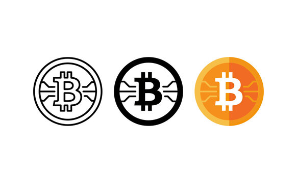 Minimalist bitcoin icon set with outline, black, and orange digital currency symbols