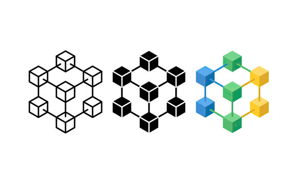 Minimalist blockchain network icons with connected geometric cubes