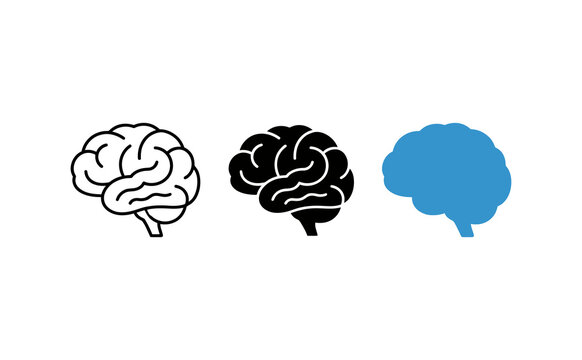 Minimalist human brain icons in outline, silhouette, and blue styles