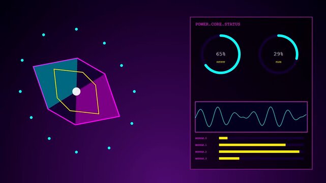 a metric telemetry screen showing evolving digital graphs and geometric shapes shifting across a dark purple gradient surface within a sequence of motion graphics
