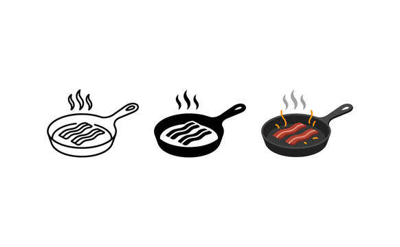 Minimalist frying pan icon set with cooking bacon and steam