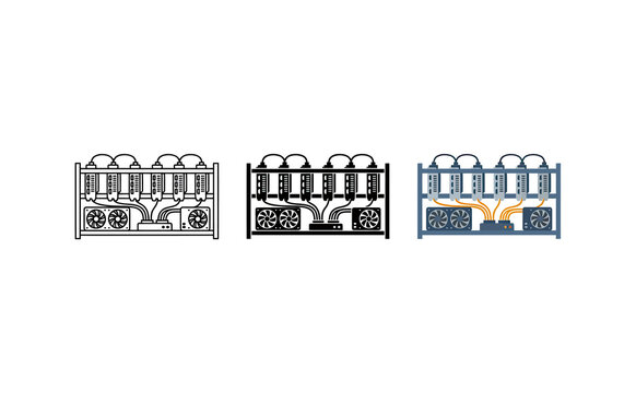 Minimalist crypto mining rig vector icons featuring hardware setups