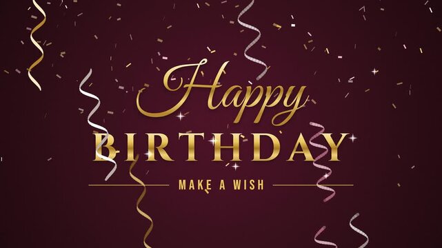 Happy Birthday gold text with confetti streamers and make a wish