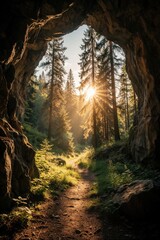 Fototapeta premium View from dark cave mouth towards sunny pine forest. Bright sun rays shine through tall trees on narrow dirt path. Scenic landscape shows rocky cave entrance overlooking green woodland under warm