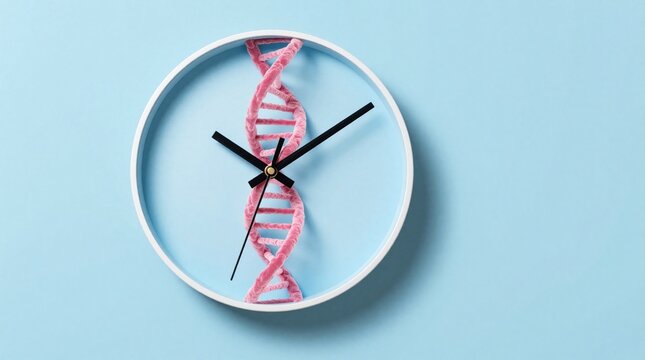 White round wall clock with pink dna double helix structure on blue background. Concept of time, genetics. Biological research, longevity medicine. Epigenetic clock reset idea. Health, wellness