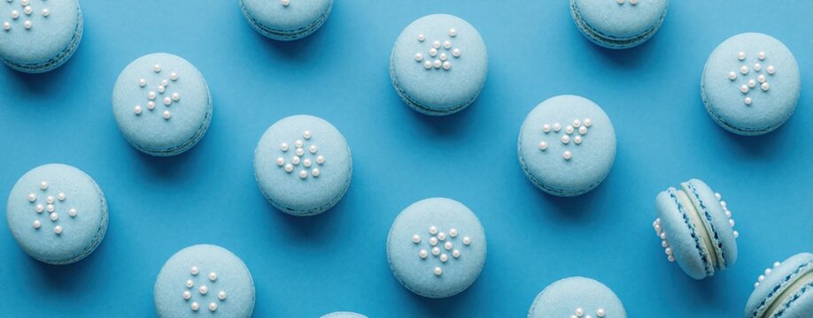 Assortment of blue macaron cookies arranged on solid bright blue surface. Pastries feature white pearl decoration art. Sweet treats perfect for bakery display or dessert mockup.