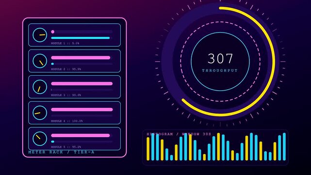 A fluid metric telemetry visualization displays vibrant glowing neon charts across three modular panel interface screens in a dark digital space focused on monitoring systemic performance