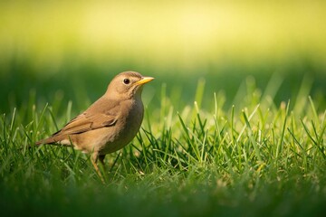 Fototapeta premium Small brown bird stands in green grass looking right. Wild animal in natural habitat. Feathered creature with yellow beak. Spring nature scene. Wildlife photography. Green lawn background. Avian