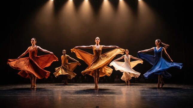 Group of dancers performing on stage under spotlights. Dynamic and expressive movement for themes of art, culture, performance, and entertainment.