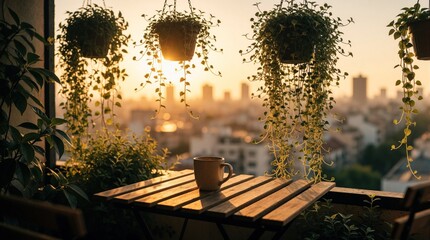 Obraz premium Golden hour sun streams onto a wooden balcony table holding a coffee cup. Potted plants hang down around the seating area with city skyline visible in distance.