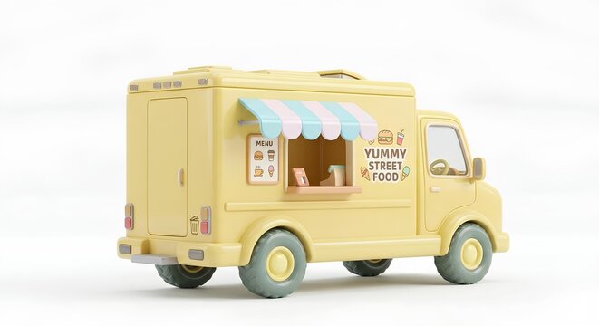 Cute yellow delivery van or small food truck isolated on white background 3D illustration
