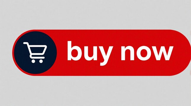 Red e-commerce buy now button with white text, blue shopping cart icon. Digital call to action element for online store interface. Retail web design component for commercial sales, marketing, quick