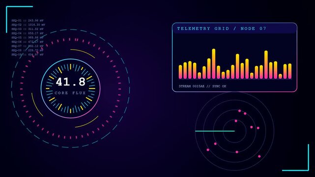 a metric telemetry interface screen displays shifting numerical core flux values and frequency bar charts with circular radar scanners shown in a dark digital space