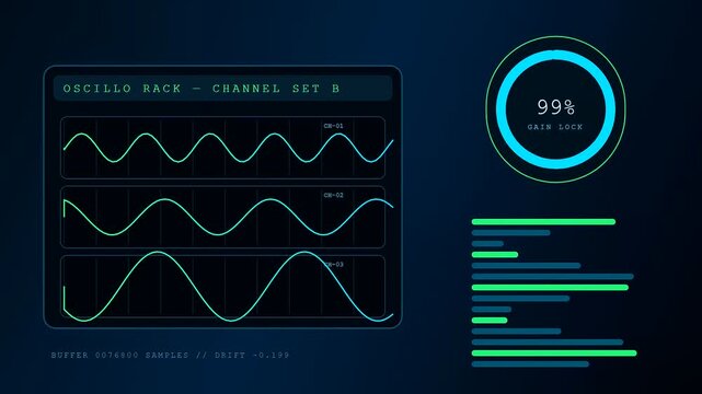 A fluid metric telemetry visualization displays scrolling cyan signal waves and rotating circular percentage progress rings on a dark digital console interface for scientific data analysis